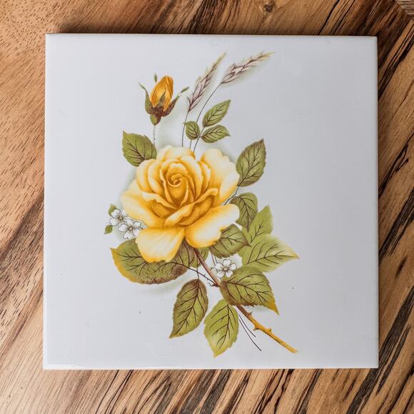 1960’s Vintage TerraCotta TileCraft Trivet, Single Yellow Rose and Rose Bud-6” - Picture 1 of 6